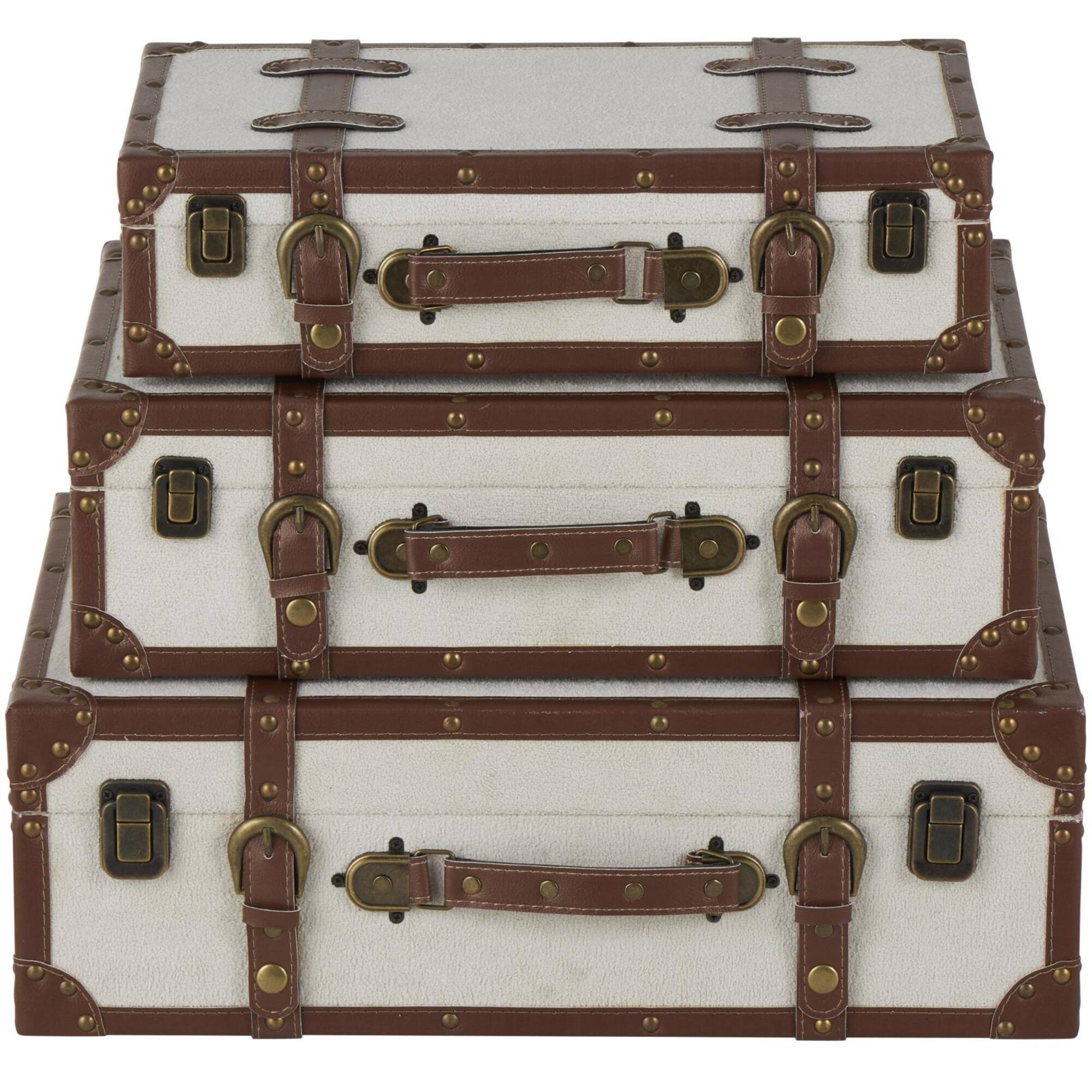 Light Gray Wooden Vintage Storage Trunk Set with Brown Leather Accents & Bronze Latches